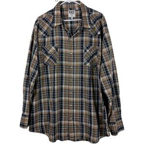 Ely Cattleman Mens 3XLT Plaid Western Shirt Pearl Snap Long Sleeve Brown